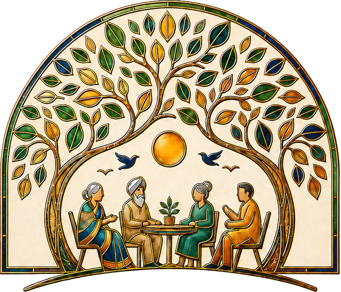 Sambhaal emblem — elders sharing chai under a tree
